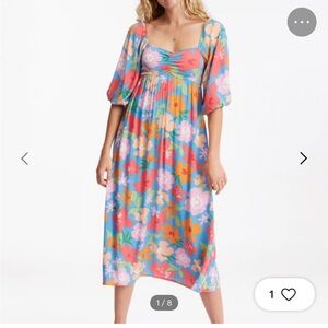 Billabong Swept Away Blue and Pink Floral Beach Surfer Travel Midi Dress Medium